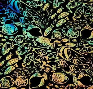 90 Pre Made Etched Pattern #197 School of Fish, Fusion Salmon CBS Dichroic on Thin Black Glass