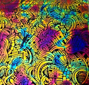 90 Pre Made Etched Pattern #200 Twisty Town, Fusion G-Magenta Blue CBS Dichroic on Thin Clear Glass