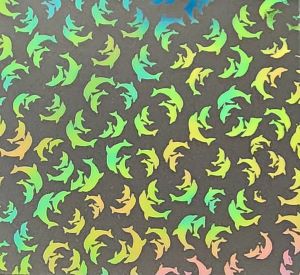 90 Pre Made Etched Pattern #203 Dolphins , Aurora Borealis Cyan Copper CBS Dichroic on Thin Clear Glass