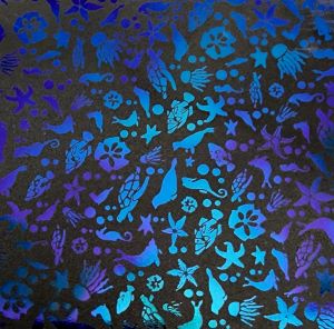 90 Pre Made Etched Pattern #209 Sea Creatures, Aurora Borealis P-Teal CBS Dichroic on Vintage FX Thin Clear Glass