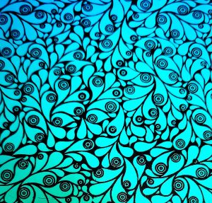 90 Pre Made Etched Pattern #214 Pasileys and Coils, P-Teal CBS Dichroic on Thin Black Glass