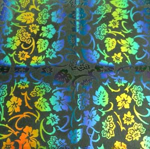 90 Pre Made Etched Pattern #216 Sakura & Philodendron, RBB Cyan Dark Red Dichroic on Black Glass