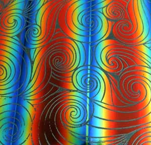 90 Pre Made Etched Pattern #219 Relaxed Curl, RBB Candy CBS Dichroic on Thin Black Glass
