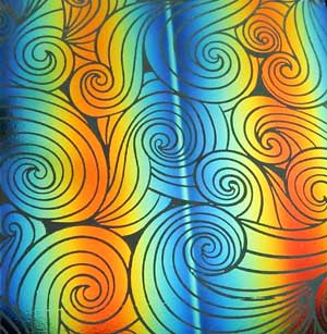 90 Pre Made Etched Pattern #219 Relaxed Curl, RBB Cyan Dark Dark Red CBS Dichroic on Thin Clear Glass