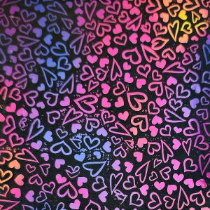 90 Pre Made Etched Pattern #222 Dancing Hearts, Aurora Borealis Green Magenta Blue CBS Dichroic on Thin Clear Glass (Discount for etching error.)