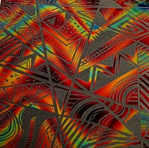 90 Pre Made Etched Pattern #169 Geometric Patchwork, Twizzle Candy CBS Dichroic on Thin Black Glass