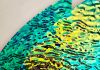 90 Specialty Pie Shaped Aurora Borealis Cyan Copper Dichroic on Light Aqua Ripple Glass