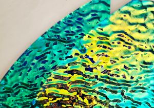 90 Specialty Pie Shaped Aurora Borealis Cyan Copper Dichroic on Light Aqua Ripple Glass