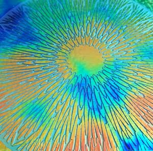 90 Sand Carved Pattern # 044 Large Mandela, Aurora Borealis Salmon Dichroic on Violet Striker Glass