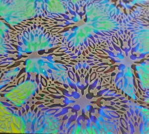 90 Sand Carved Pattern #046 Starburst, Fusion Emerald Dichroic on Clear Glass