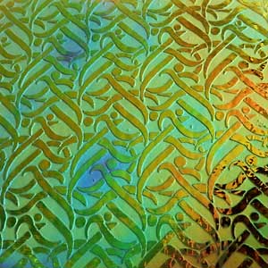 90 Sand Carved Pattern #064 Swimmers, Aurora Borealis Salmon Dichroic on Sunset Coral Glass