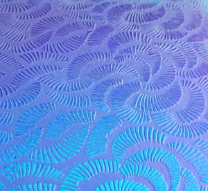 90 Sand Carved Pattern #078 Feathers, Crinkle Purple Dichroic on Denim Glass
