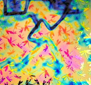 90 Sand Carved Pattern #089 Dragonflies, Fusion G-Magenta Blue CBS Dichroic on Midnight Blue Glass