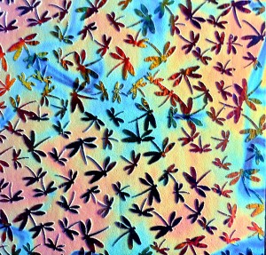 90 Sand Carved Pattern #089 Dragonflies, Fusion Candy Dichroic on Sky Blue Glass