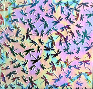 90 Sand Carved Pattern #089 Dragonflies, Fusion G-Magenta Blue Dichroic on Gray OP Glass