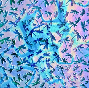 90 Sand Carved Pattern #089 Dragonflies, Fusion G-Magenta Blue Dichroic on Turquoise Glass