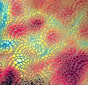 90 Sand Carved Pattern #131 Mini Mosaic Aurora Borealis Candy CBS Dichroic on True Blue Glass