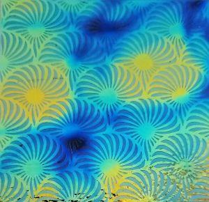 90 Sand Carved Pattern #139 Florida Fans, Aurora Borealis Cyan Copper CBS Dichroic on Dk Green Glass