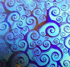 90 Sand Carved Pattern #140 Curly Waves, Fusion Cyan Copper Dichroic on Neo Lavender Swirl Glass