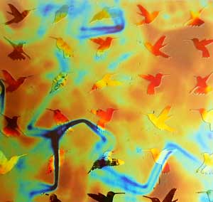 90 Sand Carved Pattern #152 Hummers, CBS Dichroic Fusion Candy on Red Striker Glass