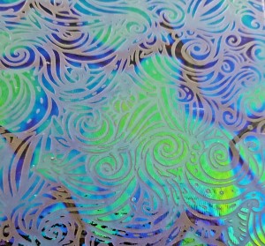 90 Sand Carved Pattern #163 Mermaid Curls, Fusion Emerald Dichroic on Clear Glass