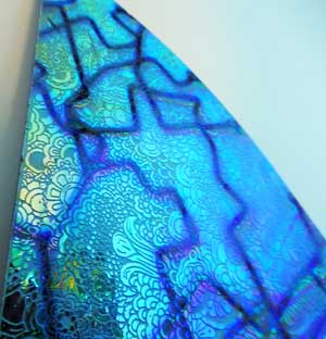 90 Sand Carved (Pie Shaped Corner) Pattern #171 East Indian Lace, Fusion Mixture Dichroic on Striking Violet Glass