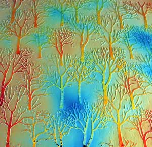 90 Sand Carved Pattern #174 Small Tree Silhouette, Aurora Borealis Candy Dichroic on Denim Glass