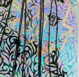 90 Sand Carved Pattern #177 Flora, Cool Lava Dichroic on Black Fracture Stringer Glass extra deep carving