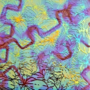 90 Sand Carved Pattern #183 Crowded Butterflies, Fusion Cyan Copper Dichroic on Sunset  Glass
