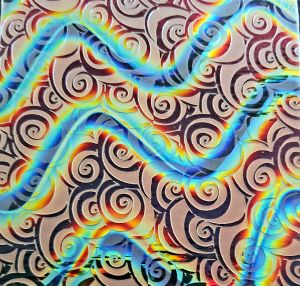 90 Sand Carved Pattern #188 Burton Spiral, Aurora Borealis Candy CBS Dichroic on True Blue Glass