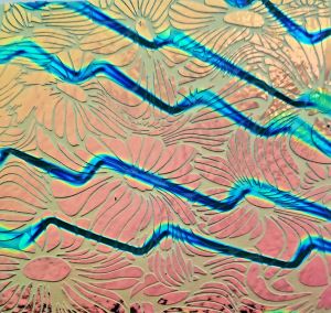 90 Sand Carved Pattern #194 Tripin' Flowers, Voltage Salmon CBS Dichroic on Emerald OP Glass