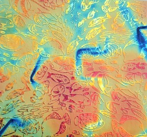 90 Sand Carved Pattern #197 School of Fish, Fusion Cyan Dark Dark Red Dichroic on Denim Glass