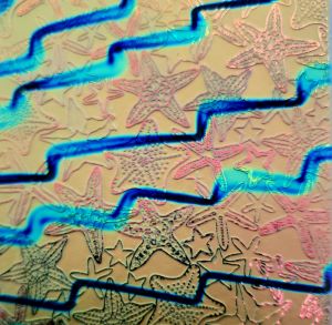 90 Sand Carved Pattern #202 Starfish, Voltage Salmon CBS  Dichroic on Sienna Glass