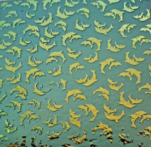 90 Sand Carved Pattern #203 Dolphins, Aurora Borealis G-Mag CBS Dichroic on Turquoise Glass