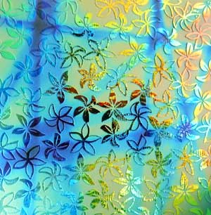 90 Sand Carved Pattern #207 Pointed Plumeria, Pixie Stix RB2 Dichroic on Black Glass
