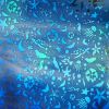 96 Sand Carved Pattern #209 Sea Creatures, Aurora Borealis Cyan Copper CBS Dichroic on Blue and White Swirl Glass
