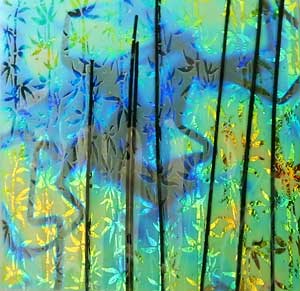 90 Sand Carved Pattern #213 Small Bamboo, Fusion Cyan Copper CBS Dichroic on Black Stringer Glass