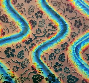 90 Sand Carved Pattern #216 Sakura and Philodendron, Twizzle Candy CBS Dichroic on Med. Green OP Glass