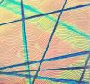 90 Sand Carved Pattern #218 Silk Wave, Pixie Stix Salmon CBS Dichroic on Blue Tint Glass