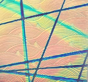 90 Sand Carved Pattern #218 Silk Wave, Pixie Stix Salmon CBS Dichroic on Blue Tint Glass