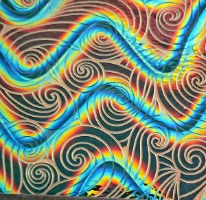 90 Sand Carved Pattern #219 Relaxed Curl, Twizzle Black Cherry CBS Dichroic on Emerald OP Glass