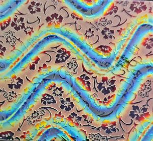 90 Sand Carved Pattern #216 Sakura and Philodendron,  Twizzle Black Cherry CBS Dichroic on Clear Glass