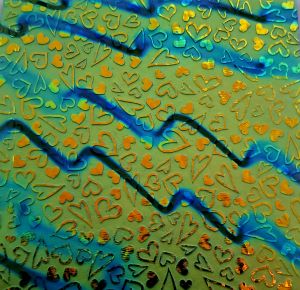 90 Sand Carved Pattern #222 Dancing Hearts, Voltage Cyan Red CBS Dichroic on Spring Glass