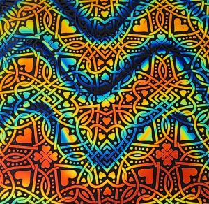 96 Pre Made Etched Pattern #122 Celtic Hearts, Twizzle Candy CBS Dichroic on Thin Black Glass