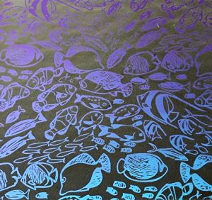 96 Pre Made Etched Pattern #197 School of Fish, Crinkle Purple CBS Dichroic on Thin Clear Glass