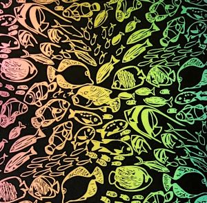 96 Pre Made Etched Pattern #197 School of Fish, RB2 CBS Dichroic on Thin Black Glass