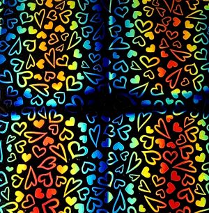 96 Pre Made Etched Pattern #222 Dancing Hearts, RBC Candy CBS Dichroic on Thin Black Glass
