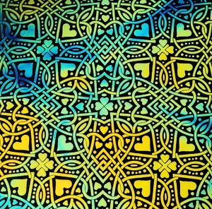 96 Pre Made Etched Pattern #122 Celtic Hearts, Pixie Stix Cyan Copper CBS Dichroic on System 96 Thin Black Glass