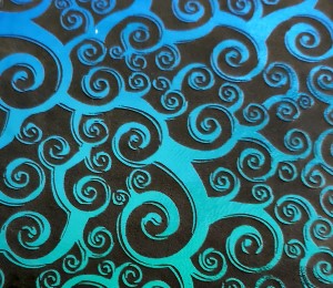 96 Pre Made Etched Pattern #140 Curly Waves, G-Magenta Blue Dichroic on Thin Black Glass
