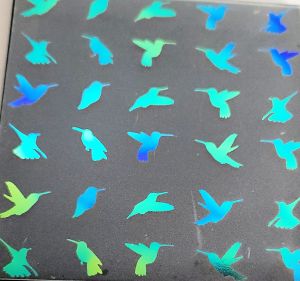 96 Pre Made Etched Pattern #152 Hummers, Aurora Borealis Cyan Copper CBS Dichroic on Sprectum Thin Clear Glass